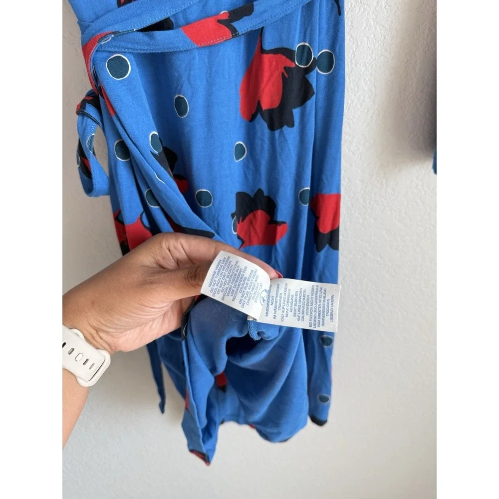Boden Retro‎ Blue Red Poppy Bloom Floral Jersey Knit Wrap Dress Size 4P Preppy